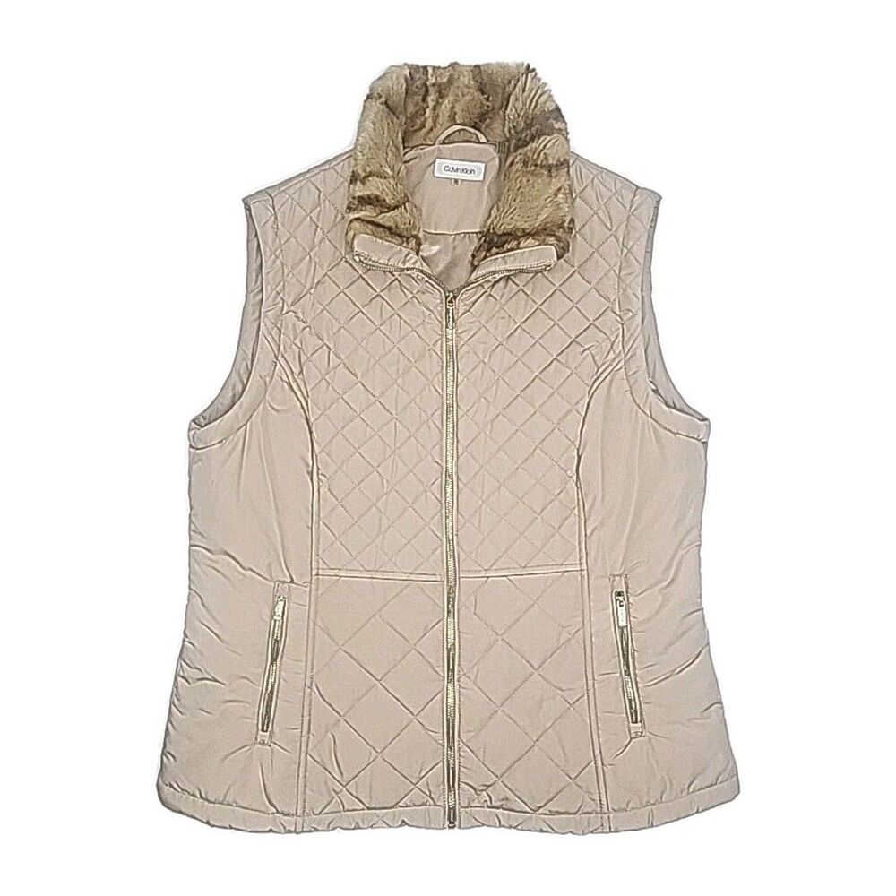 Calvin Klein Vest Quilted Zip Beige Faux Fur Collar Women Sz XL Warm Jacket